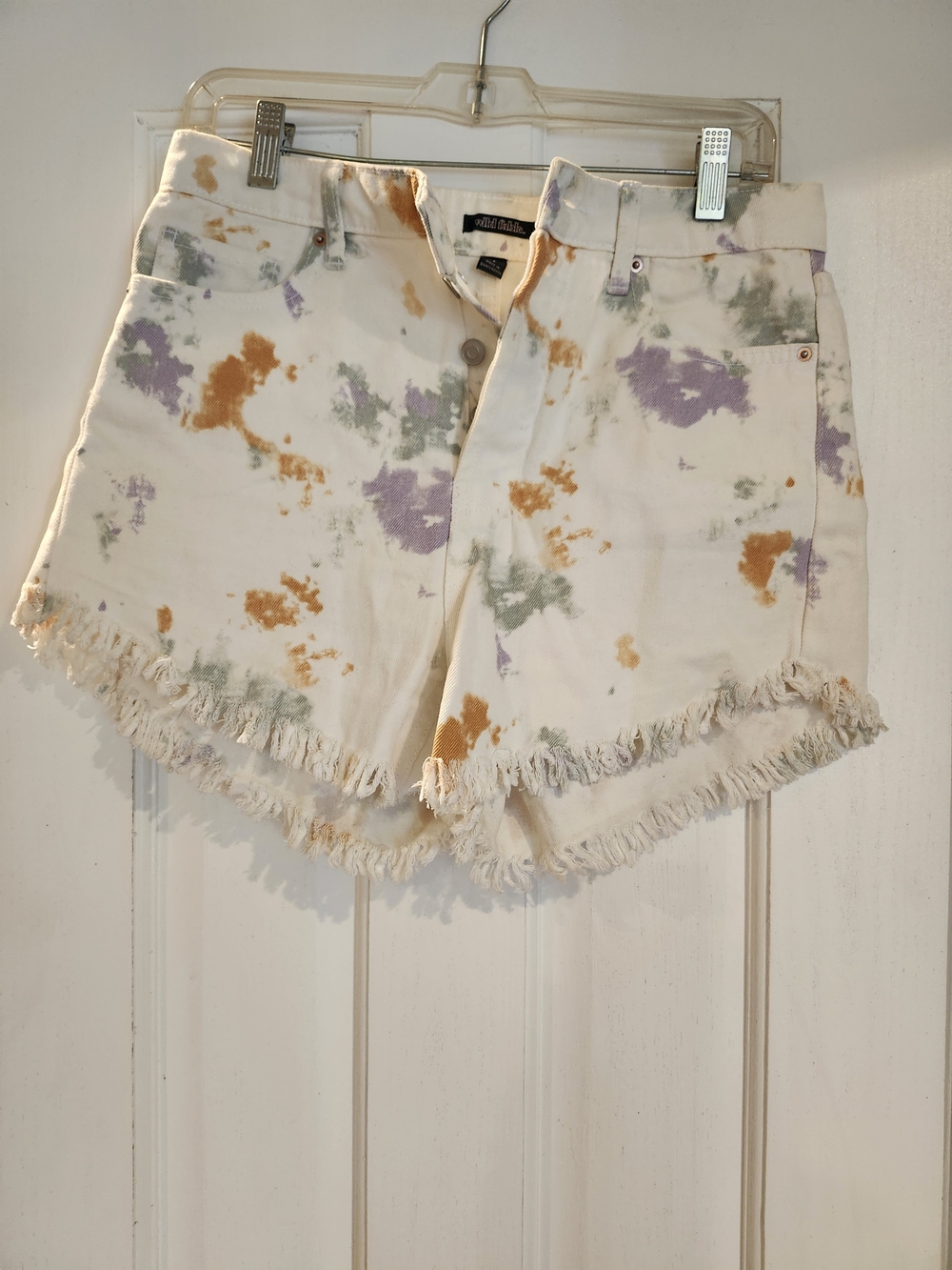 wild fable White Tie-Dye Frayed Hem Jean Shorts with Purple & Rust Splashes